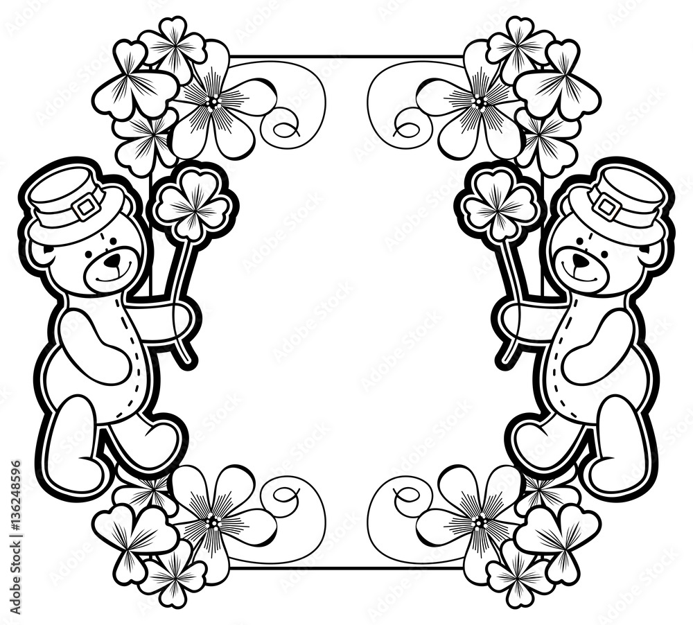 Outline  frame with shamrock contour and teddy bear. Vector clip art.