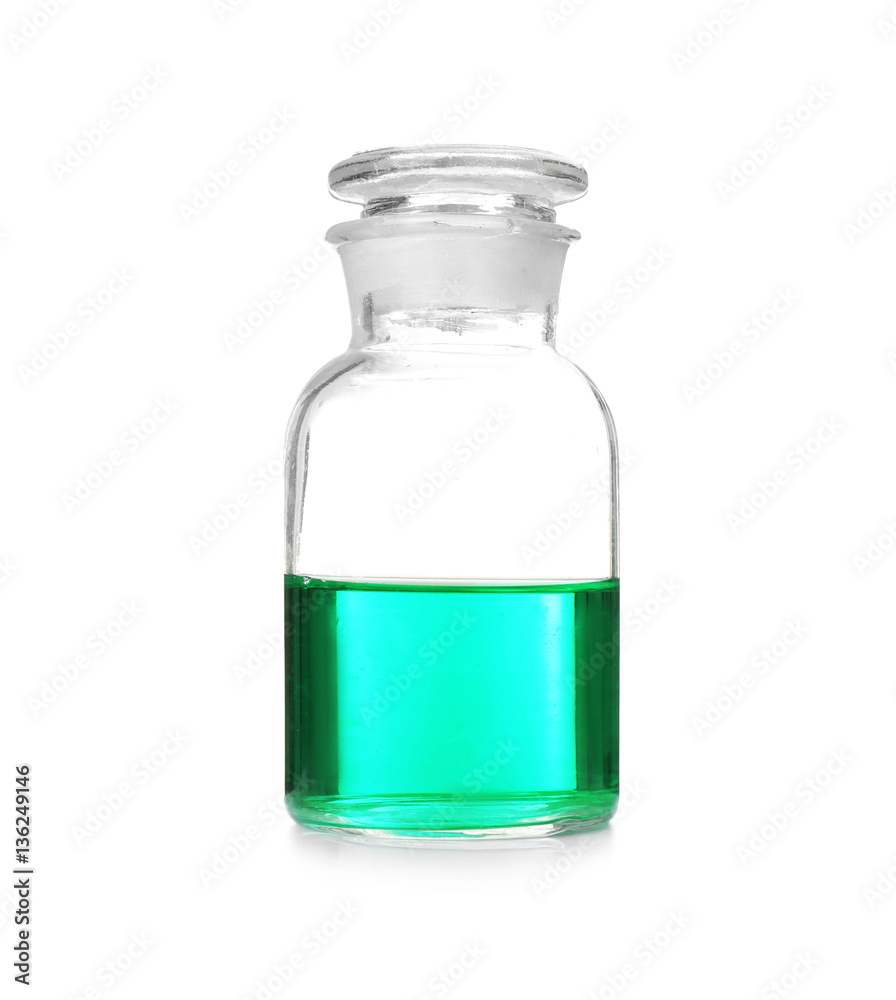 Test glass bottle with blue sample isolated on white Test glass bottle with blue sample isolated on white