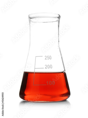 Test flask with red sample isolated on white