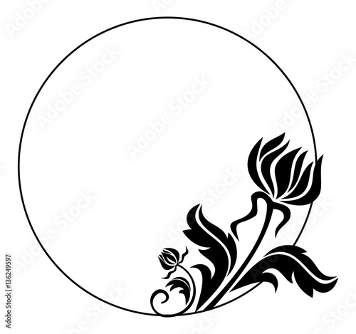 Black and white round frame with flowers silhouettes. 