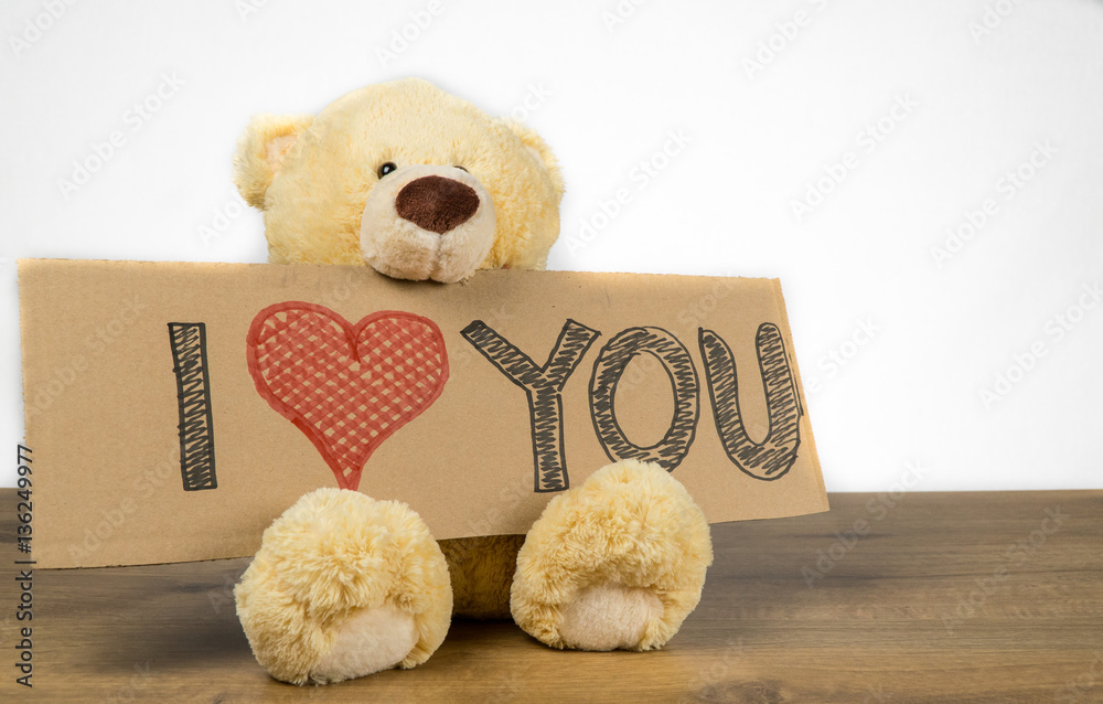Teddy Bear on white background holding a hand made I Love You sign, room  for text on right hand side Stock Photo | Adobe Stock