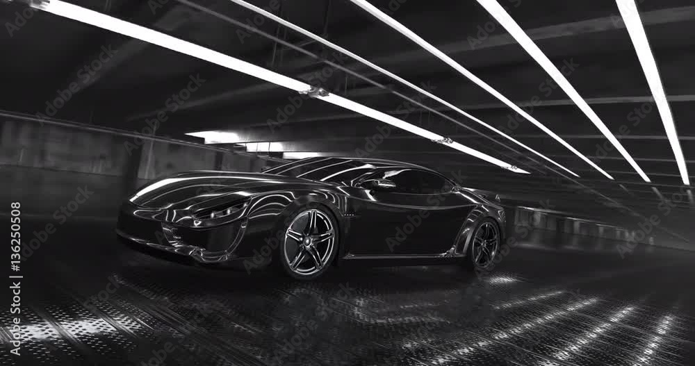 Luxury black concept sports car animation with perfectly looping camera movement