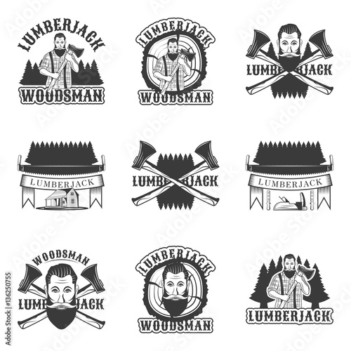 Lumberjack set of vector vintage emblems, labels, badges and logos in monochrome style on white background