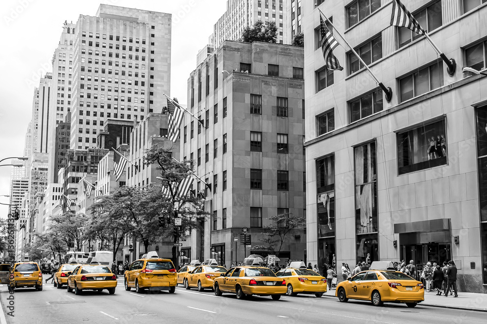 New York City Taxi Streets USA Big Apple Skyline american flag black white yellow