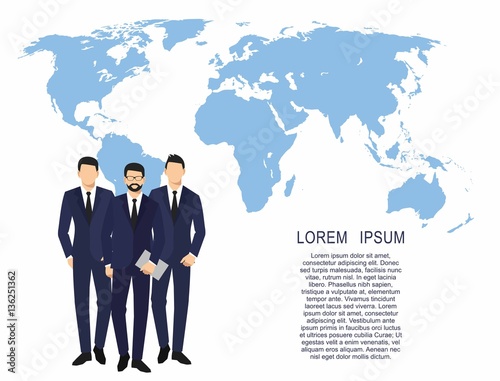 Business men silhouette. team businesspeople group hold document folders on world map background vector Illustration