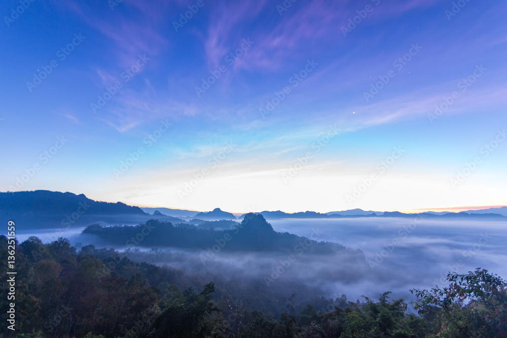 mountains in morning clounds and stars in Mae Hong Son mountains in morning clounds and stars in Mae Hong Son