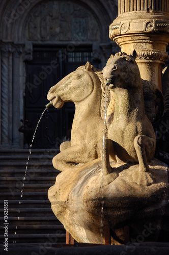 The stone horses of the Fuente de los Caballos in Santiago de Compostela, Galicia, Spain