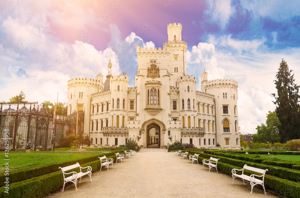 Famous Czech castle Hluboka nad Vltavou, medieval building with beautiful park, travel outdoor european background