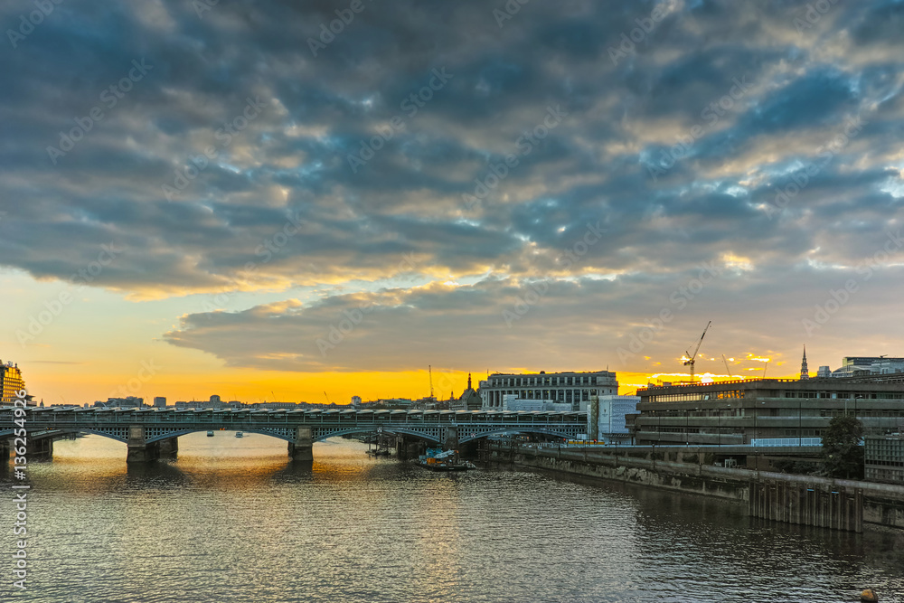 Sunset panorama of city of London and Thames river, England, Great Britain