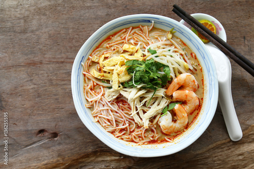 Bowl of Sarawak laksa, a dish unique to the state of Sarawak in Malaysia.