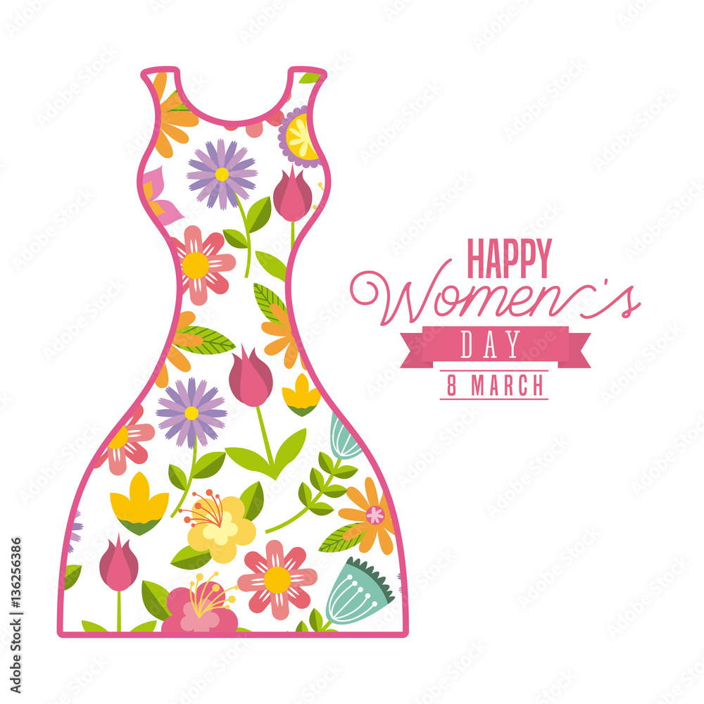 happy womens day card with floral dress icon over white background. colorful design. vector illustration happy womens day card with floral dress icon over white background. colorful design. vector illustration