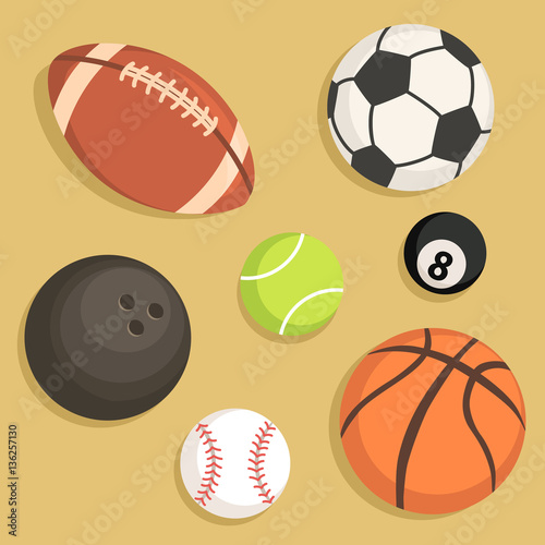 Set Sport Balls Vector illustration  rugby tennis soccer billiard basketball baseball bowling balls icon set isolated on brown 