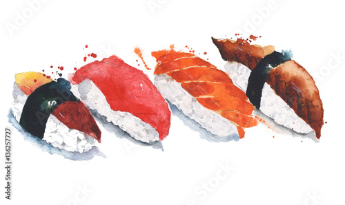 Sushi rolls watercolor painting illustration isolated on white background © Yulia