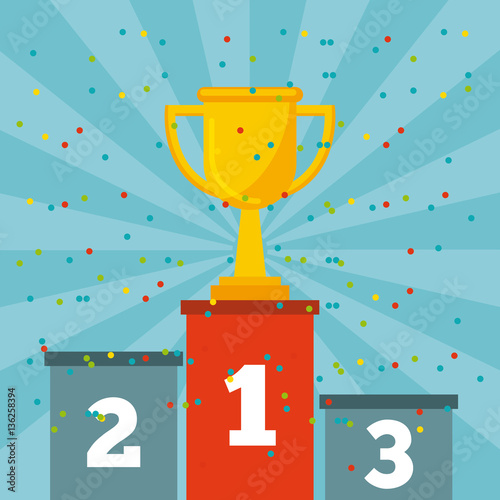 gold trophy on a podium of first place over blue background. colorful design. vector illustration
