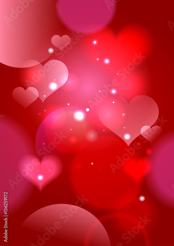 Bright red backdrop with hearts and bokeh lights, Valentine day romantic background