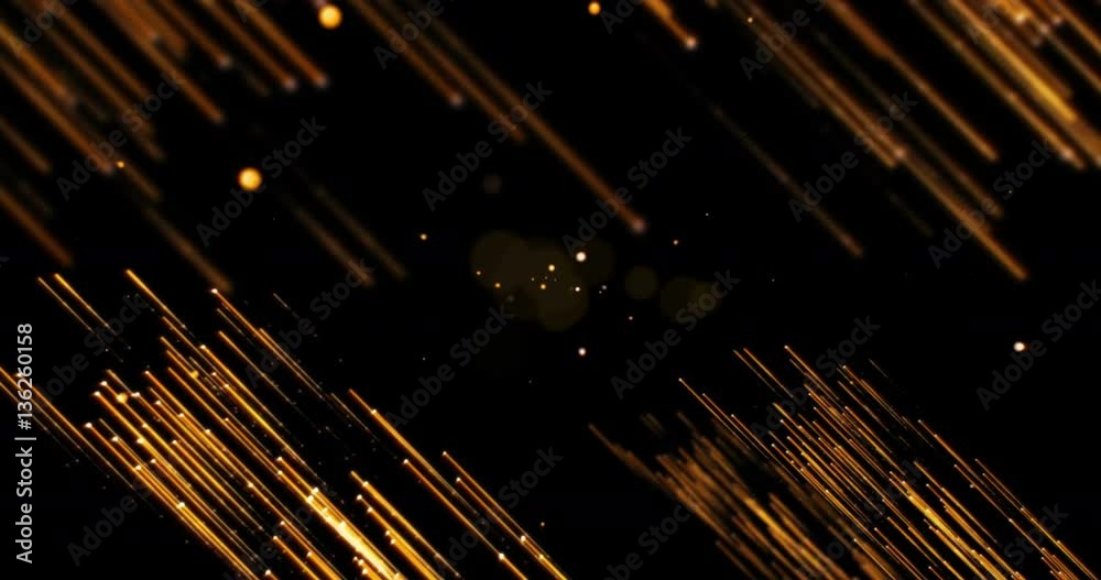 gold glow glittering particles bokeh lines transition sparkle effect on black background, holiday happy new year concept