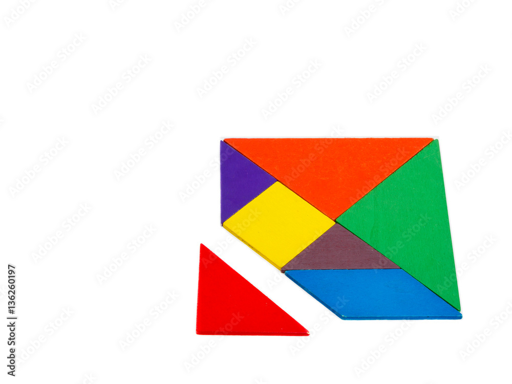 a missing piece in a square tangram puzzle colorful wooden puzzle for kid on white background
