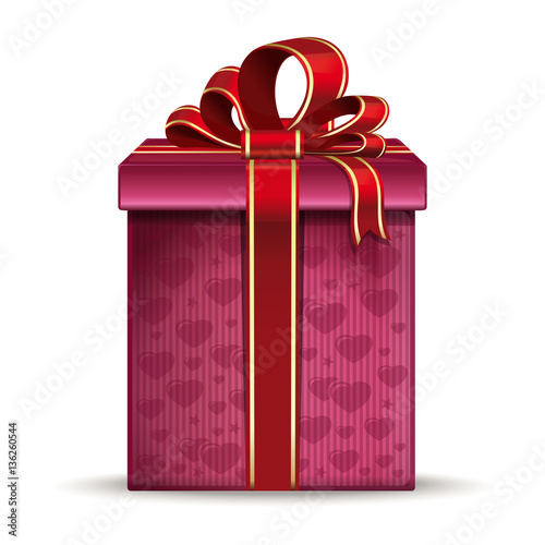 Valentine gift box decorated with hearts. Pink gift box with red ribbon and bow. Vector illustration isolated on white background