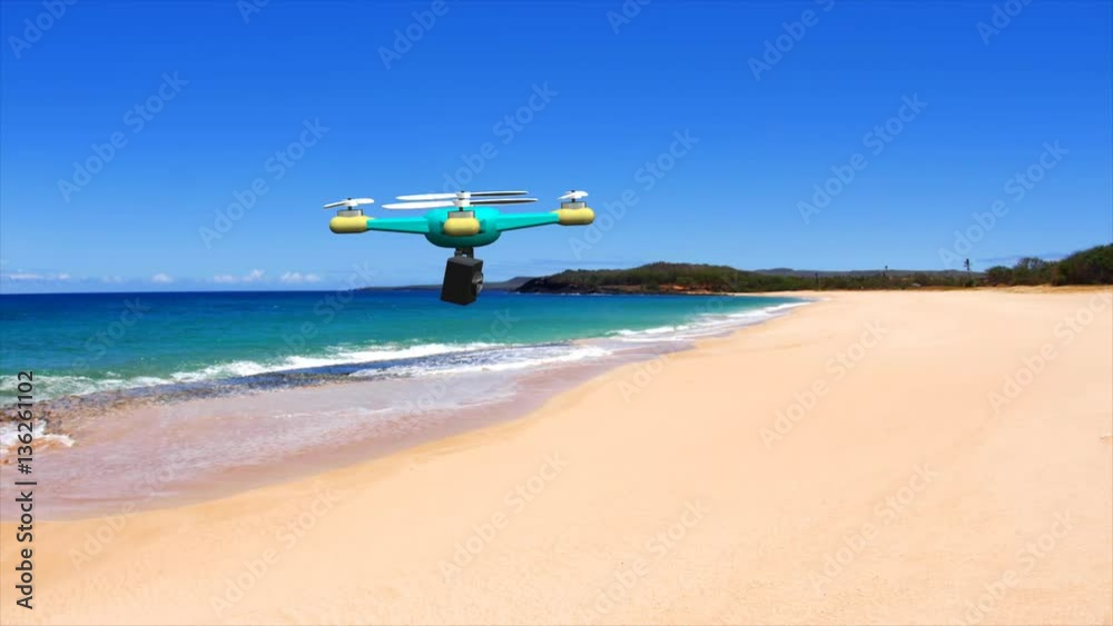 .An animated drone flies over a tropical beach while shooting video with its mounted aerial cam.