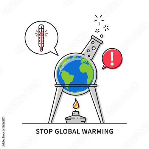 A globe inside of a retort with a spirit-lamp vector illustration. Global warming creative concept.
