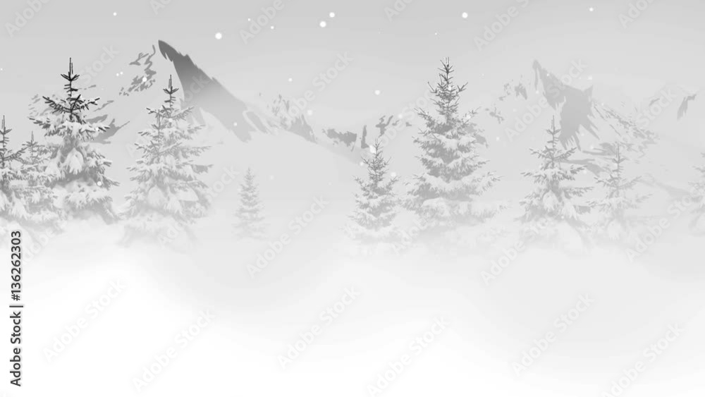 Snow falls in a beautiful, remote forest creating a white, Christmas winter wonderland.