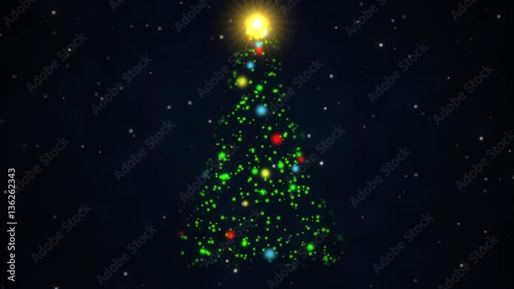 Animated Christmas tree with a bright tree topper poised against a dark, evening background with falling snow