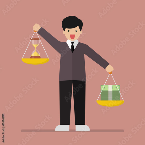 Businessman balancing time and money on two weighing trays on bo