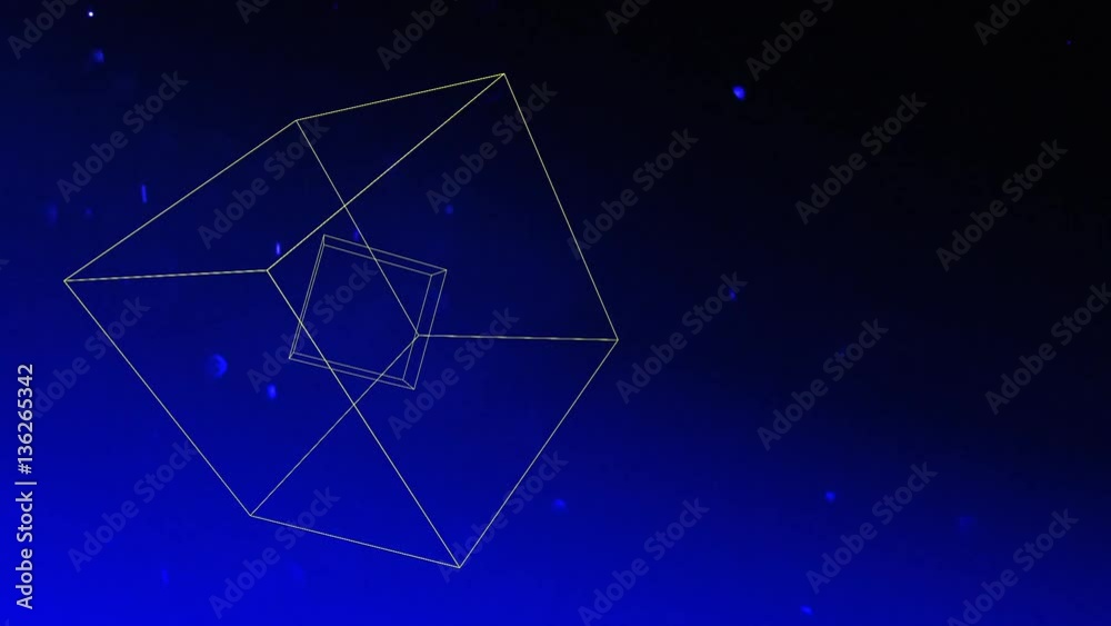 Two floating three-dimensional cubes rotate against a blue background as dust particles move throughout the animation. Two floating three-dimensional cubes rotate against a blue background as dust particles move throughout the animation.