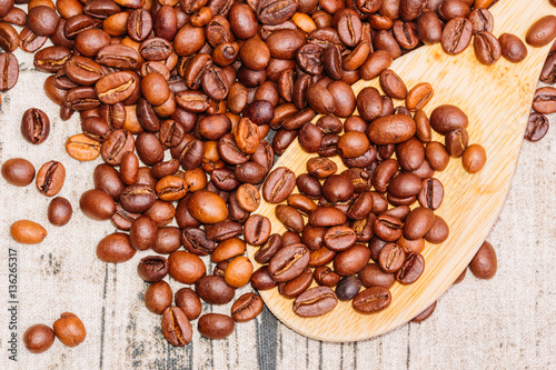 Coffee beans with a wooden spoon