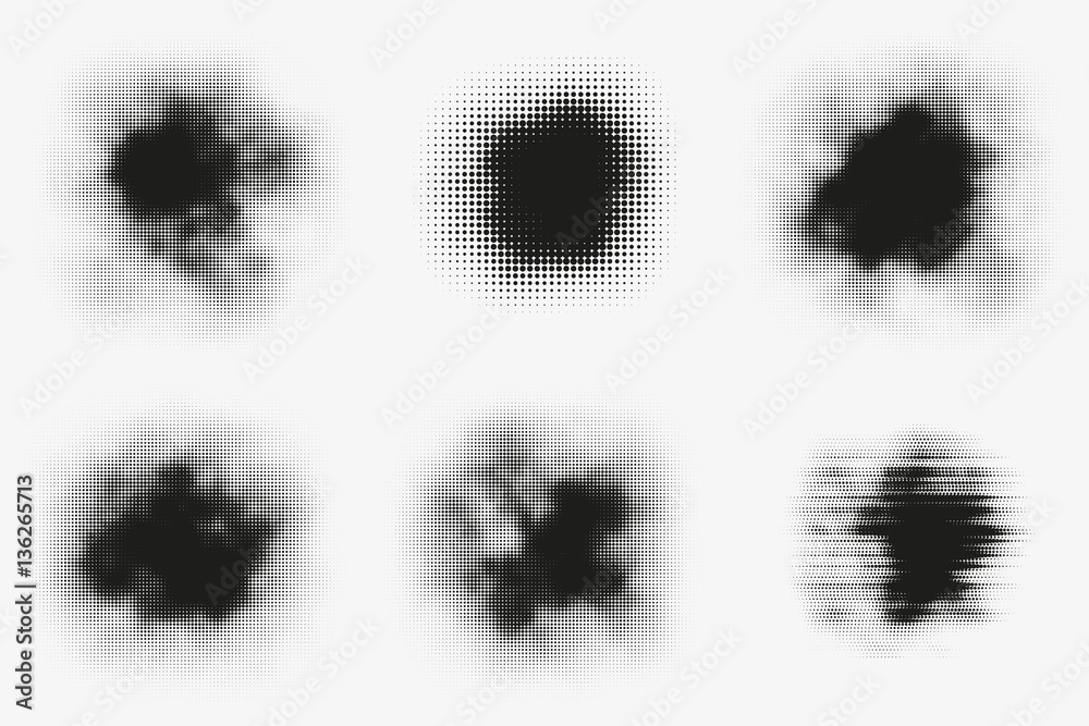 Set of abstract vector halftone stains. Black blots made of round particles. Modern illustration with dark, murky spots. Splattered array of dots. Gradation of tone. Elements of design. Set of abstract vector halftone stains. Black blots made of round particles. Modern illustration with dark, murky spots. Splattered array of dots. Gradation of tone. Elements of design.