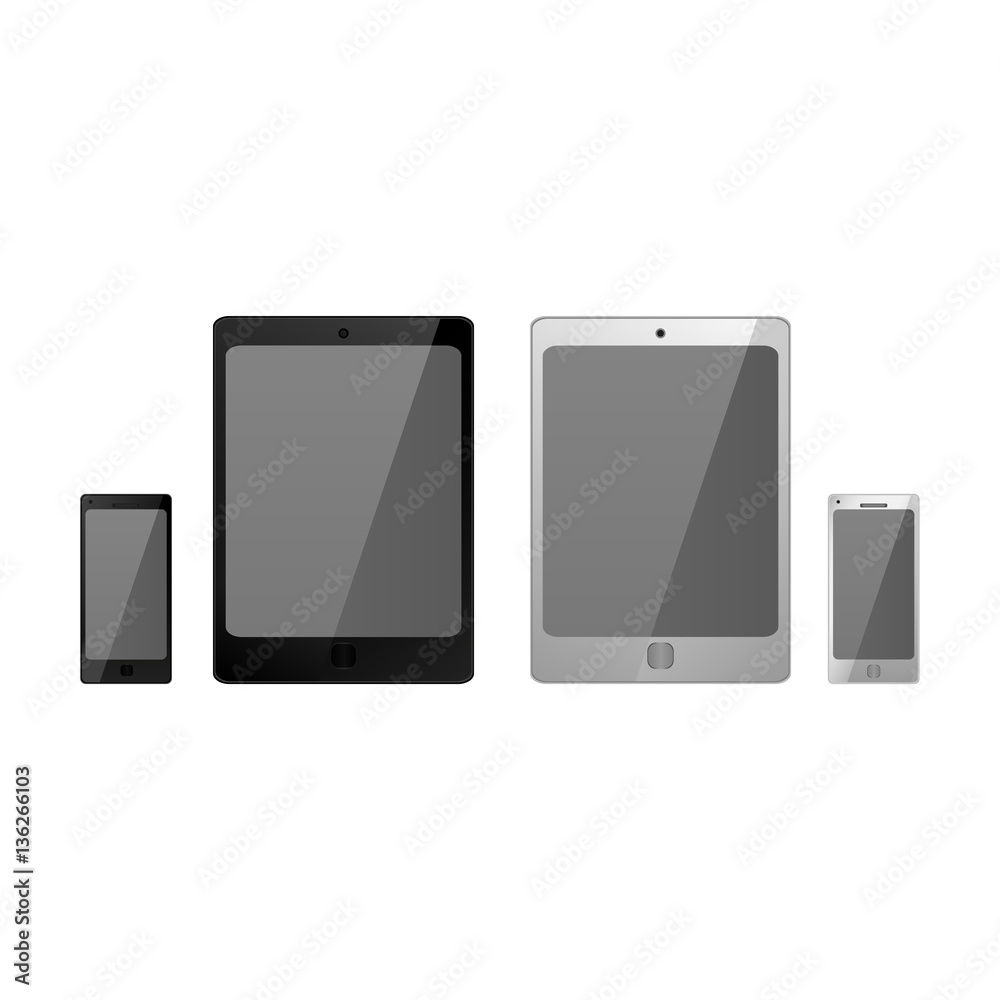 black and white tablet and smartphone vector mockup, phone template with white black screen over white, vector illustration black and white tablet and smartphone vector mockup, phone template with white black screen over white, vector illustration