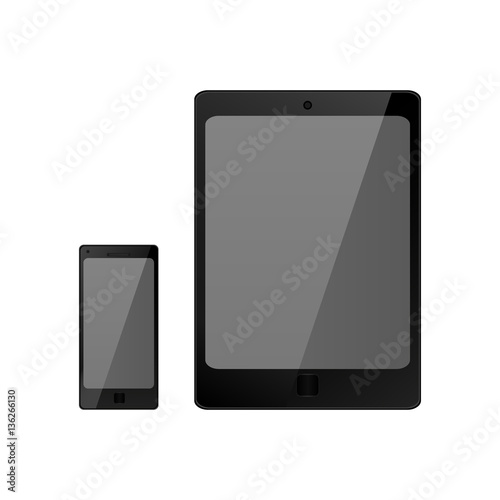 black tablet and smartphone vector mockup, phone template with black screen over white, vector illustration