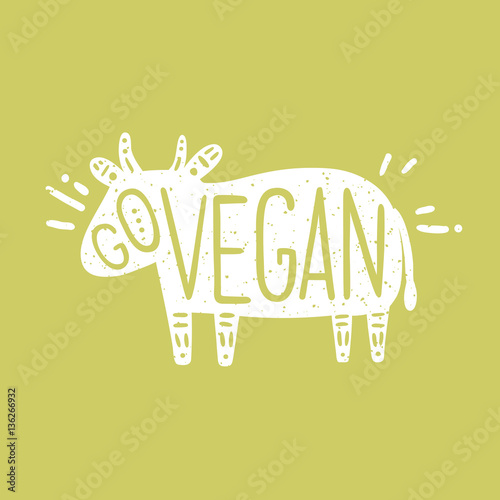 Go vegan motivational illustration. Vector hand drawn cow silhouette
