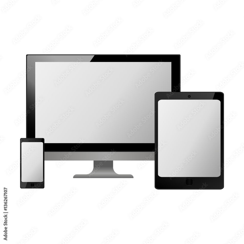 black vector illustration modern monitor, computer, laptop, phone, tablet with white screen on a white background
