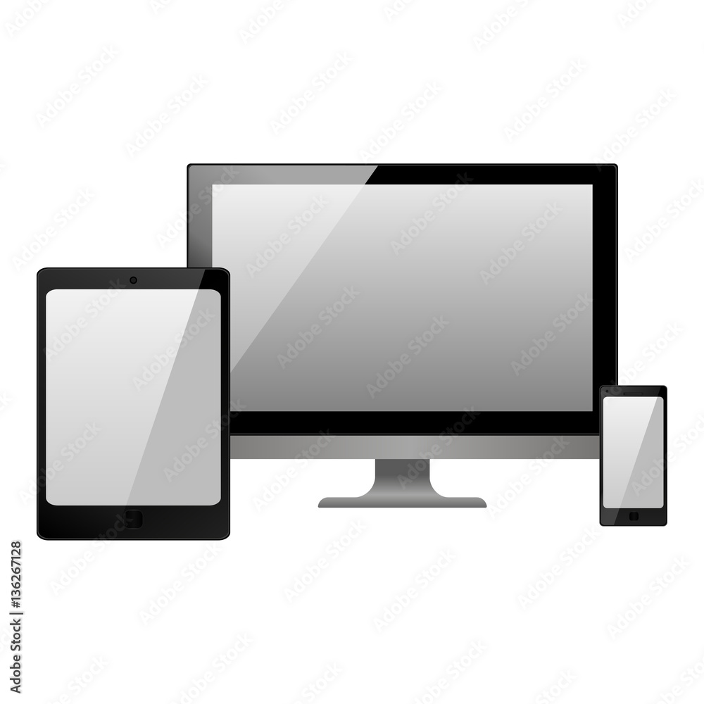 black vector illustration modern monitor, computer, laptop, phone, tablet with white screen on a white background black vector illustration modern monitor, computer, laptop, phone, tablet with white screen on a white background
