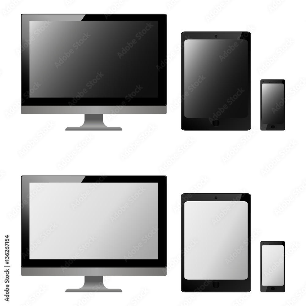 black and white vector illustration modern monitor, computer, laptop, phone, tablet on a white background black and white vector illustration modern monitor, computer, laptop, phone, tablet on a white background