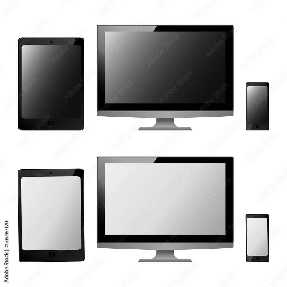 black and white vector illustration modern monitor, computer, laptop, phone, tablet on a white background black and white vector illustration modern monitor, computer, laptop, phone, tablet on a white background