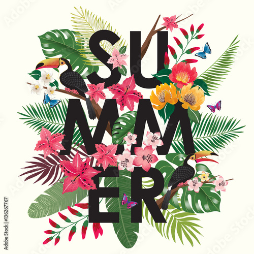  Vector illustration of tropical flowers in summer with birds and butterflies for wedding invitations and birthday cards and background. 				