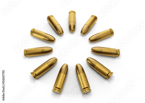 9mm bullets point in center with isolated on a white background