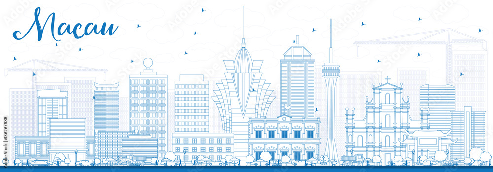 Outline Macau Skyline with Blue Buildings.