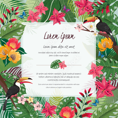  Vector illustration of tropical flowers in summer with birds and butterflies for wedding invitations and birthday cards and background. 				