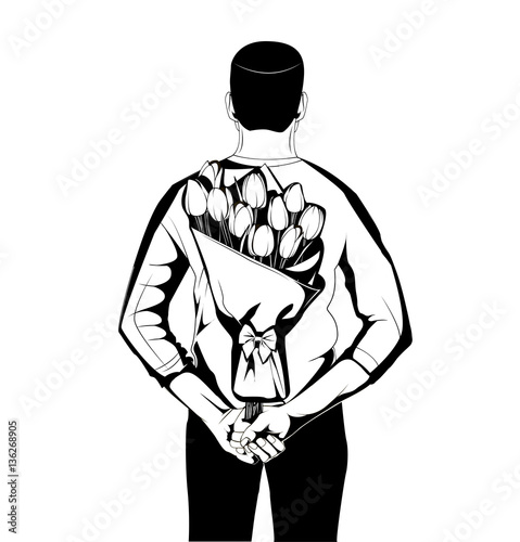 Man hiding bouquet of flowers behind his back. Vector illustration isolated on white