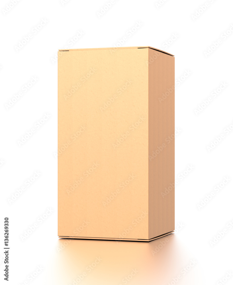 Brown corrugated cardboard box from front far side angle. Blank, vertical, and rectangle shape. Brown corrugated cardboard box from front far side angle. Blank, vertical, and rectangle shape.