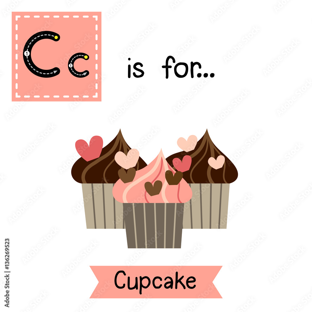 Cute children ABC alphabet C letter tracing flashcard of Cupcake for kids learning English vocabulary in Valentines Day theme. Cute children ABC alphabet C letter tracing flashcard of Cupcake for kids learning English vocabulary in Valentines Day theme.