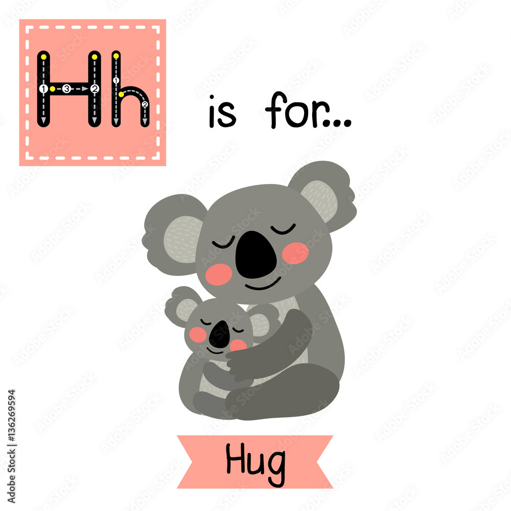 Cute children ABC alphabet H letter tracing flashcard of Hug for kids