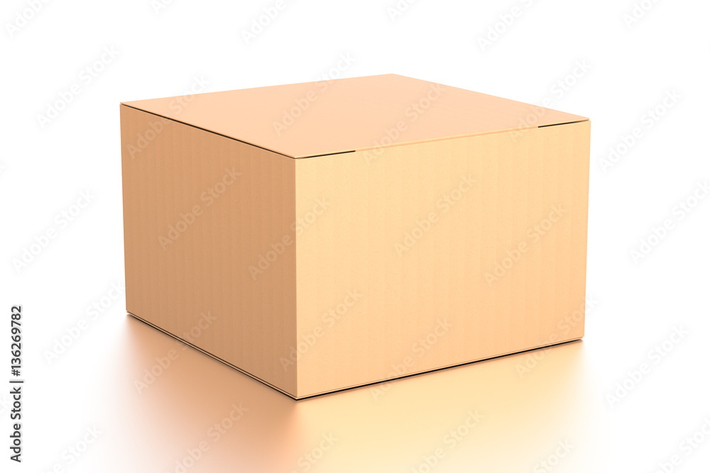 Brown corrugated cardboard box from top side angle. Blank, horizontal, and rectangle shape.