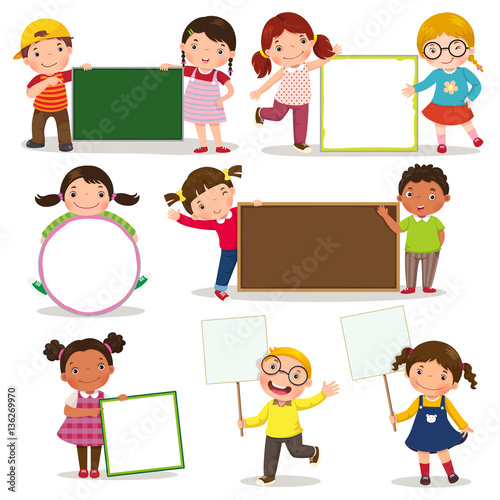 Set of children holding blank signs