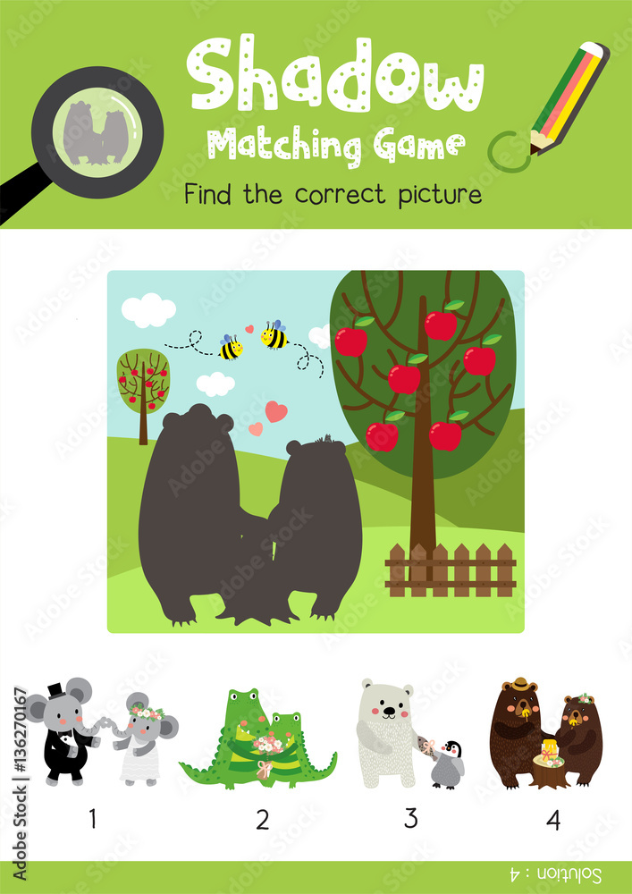 Shadow matching game by finding the correct picture of animals for  preschool kids activity worksheet in Valentines Day theme colorful  printable version layout in A4. Stock Vector | Adobe Stock