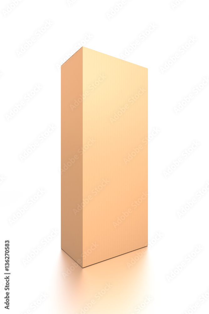 Brown corrugated cardboard box from side closeup angle. Blank, vertical, tall, and rectangle shape. Brown corrugated cardboard box from side closeup angle. Blank, vertical, tall, and rectangle shape.