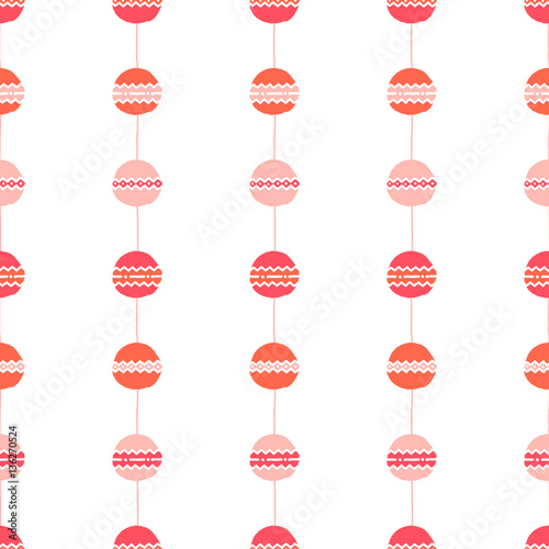 Seamless vector pattern. Red pink vertical lines with circles and zigzags on white background. Hand drawn abstract ball illustration. Christmas ornament